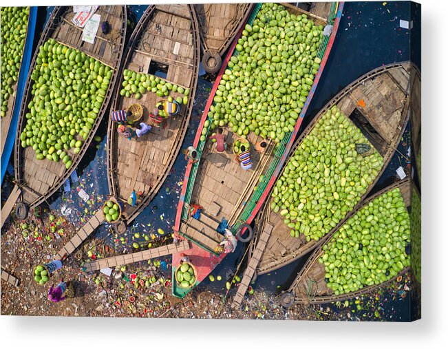 Workers Acrylic Print featuring the photograph Workers Unload Watermelons From The Boats Using Big Baskets by Azim Khan Ronnie