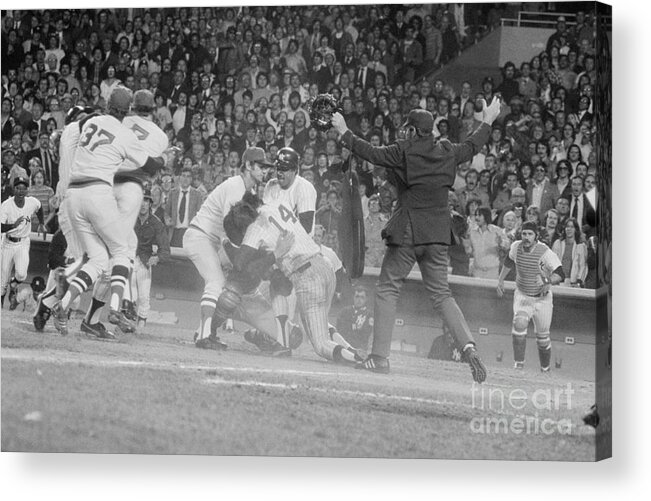 Baseball Catcher Acrylic Print featuring the photograph Yankees And Red Sox Players In Scuffle by Bettmann