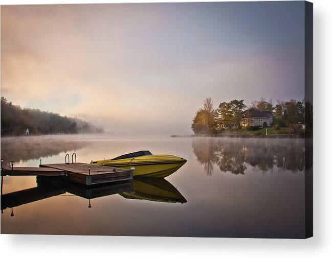 Tranquility Acrylic Print featuring the photograph Yellow Speedboat Reflection At Lake by Nancy Rose