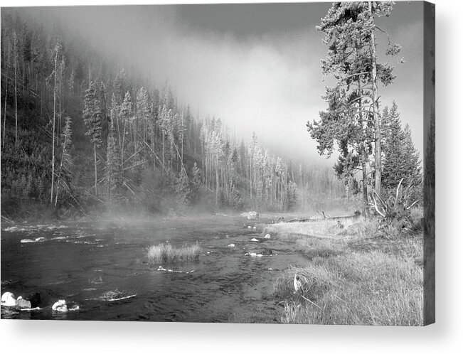 A River With Fog Rising Off Of It
Black And White Acrylic Print featuring the photograph Yellowstone 1 by Gordon Semmens