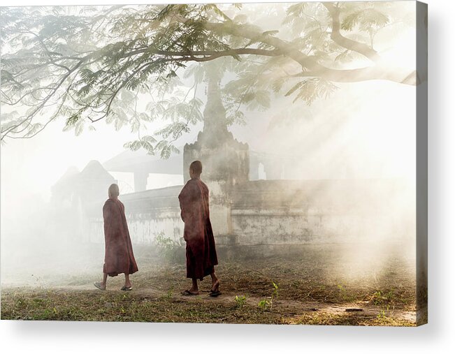 Child Acrylic Print featuring the photograph Young Buddhist Monks Walking Along Path by Martin Puddy