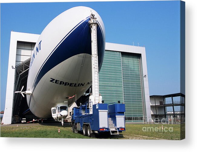 Technological Acrylic Print featuring the photograph Zeppelin Nt Being Dragged From Its Hangar by Philippe Psaila/science Photo Library