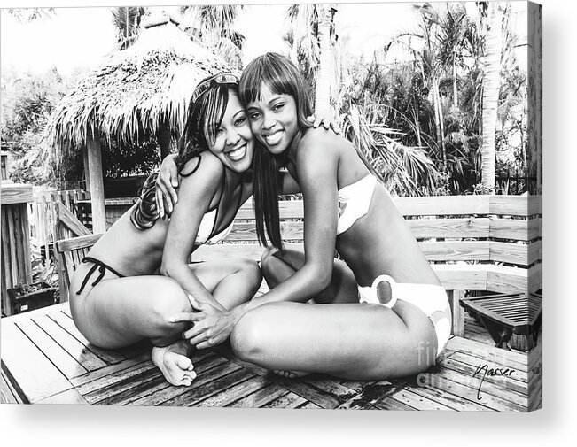 Two Girls Fun Fashion Photoraphy Art Acrylic Print featuring the photograph 0901 Lilisha Dominique Girlfriend Guessing Beach Party Delray by Amyn Nasser