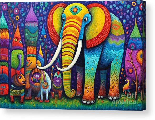Elephant Acrylic Print featuring the painting 3d very bright and colorful wolly mammoth paint by Asar Studios #1 by Celestial Images