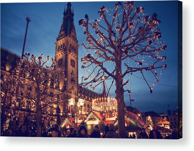 People Acrylic Print featuring the photograph Christmas market at the Hamburg Rathaus Markt #1 by Laura Battiato