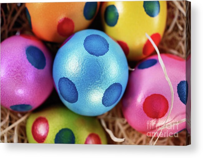 Easter Acrylic Print featuring the photograph Colorful Easter eggs with polka dots in a basket #1 by Mendelex Photography