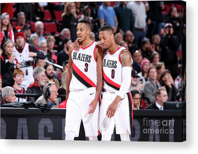 Nba Pro Basketball Acrylic Print featuring the photograph Damian Lillard and C.j. Mccollum by Sam Forencich
