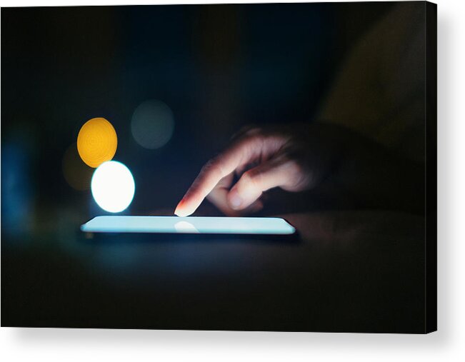 Accessibility Acrylic Print featuring the photograph Female Hands Using Smart Phone In The Dark At Night #1 by Oscar Wong