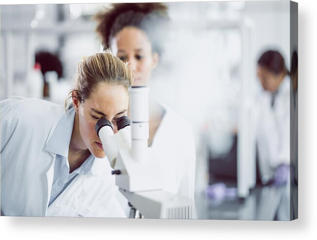 Expertise Acrylic Print featuring the photograph Female Scientist Looking Through A Microscope #1 by Sanjeri