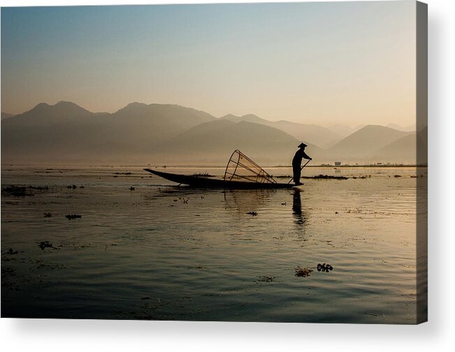 Fisherman Acrylic Print featuring the photograph Fisherman at Inle Lake by Arj Munoz