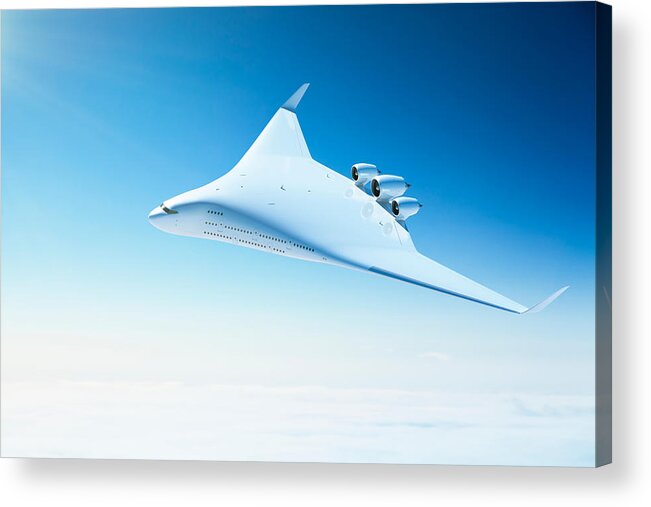 Wind Acrylic Print featuring the photograph Futuristic passenger airplane with blended wing body design #1 by Spooh