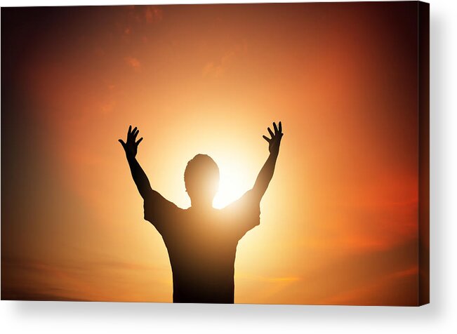 Tranquility Acrylic Print featuring the photograph Human hands open palm up worship. Eucharist Therapy Bless God Helping Repent Catholic Easter Lent Mind Pray. Christian Religion concept background. fighting and victory for god #1 by Arkira