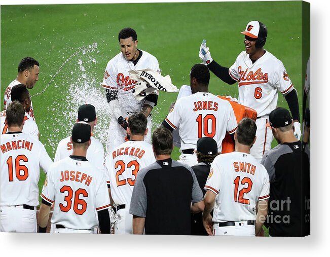 People Acrylic Print featuring the photograph Manny Machado, Jonathan Schoop, and Adam Jones by Rob Carr