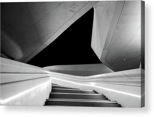 Futuristic Building Acrylic Print featuring the photograph Modern architecture and empty staircase leading to a bright open space. by Michalakis Ppalis