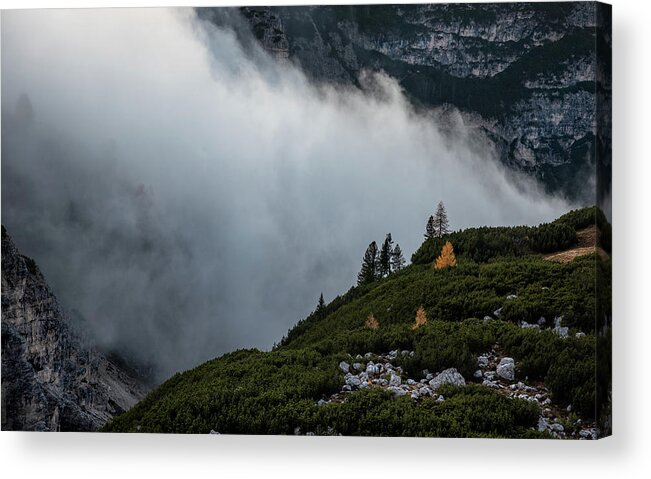 Tre Cime Acrylic Print featuring the photograph Mountain landscape with fog, at the Tre Cime hiking path area i #1 by Michalakis Ppalis