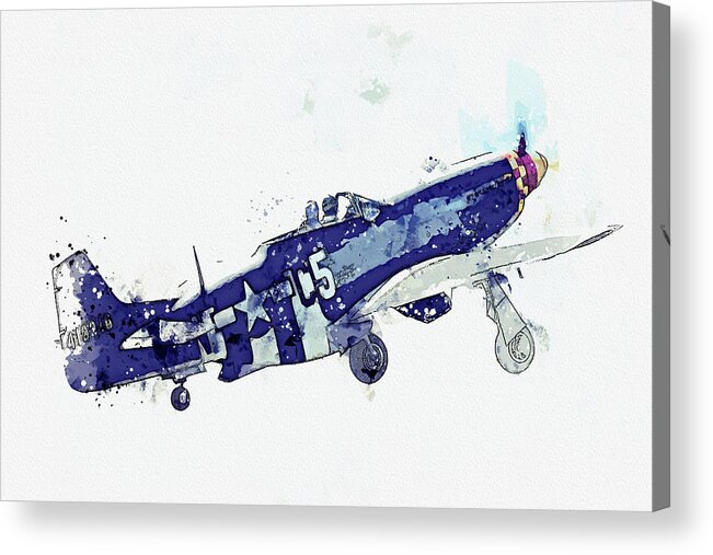 Plane Acrylic Print featuring the painting North American P-D Mustang FG USAAF Frenesi Vintage Aircraft - Classic War Birds - Planes watercolor #1 by Celestial Images