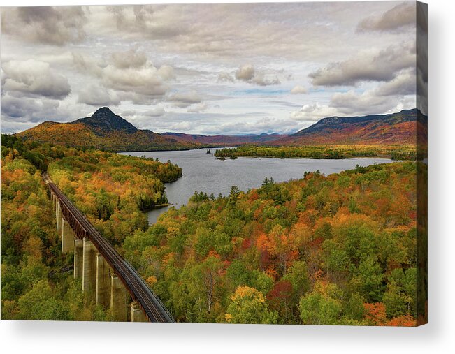 #fall#autumn#birchtrees#maine#landscape#color#train#trestle#bore Acrylic Print featuring the photograph Onawa Trestle Fall #1 by Darylann Leonard Photography