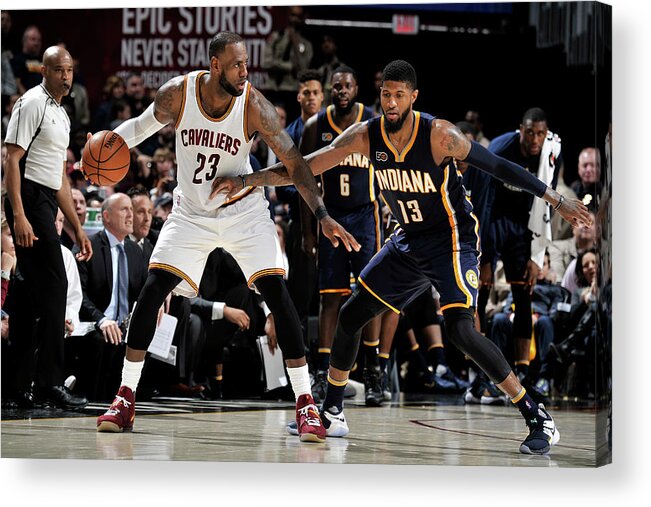 Nba Pro Basketball Acrylic Print featuring the photograph Paul George and Lebron James by David Liam Kyle