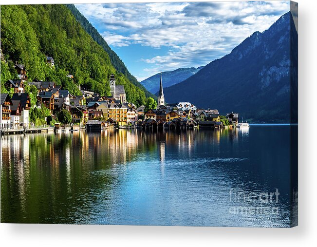 Austria Acrylic Print featuring the photograph Picturesque Lakeside Town Hallstatt At Lake Hallstaetter See In Austria #1 by Andreas Berthold
