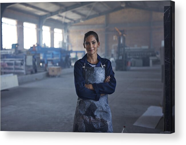 Expertise Acrylic Print featuring the photograph Portrait of female worker at factory #1 by Klaus Vedfelt