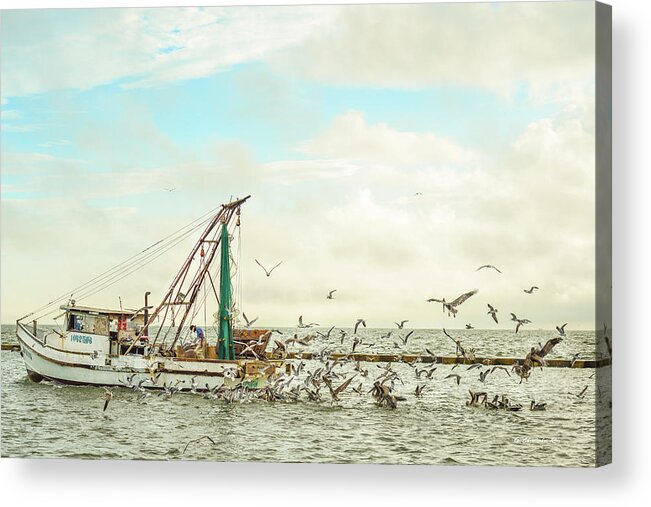 Shrimp Boat Birds Pelican Laughing Gull Coast Coastal Shrimping Net Water Rockport Texas Fulton Clouds Bay Gulf Mexico Marina Harbor Acrylic Print featuring the photograph Rainbow Returns #1 by Christopher Rice