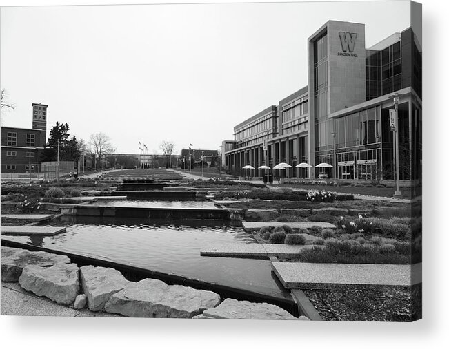 Western Michigan University Acrylic Print featuring the photograph Sangren Hall at Western Michigan University in black and white #1 by Eldon McGraw