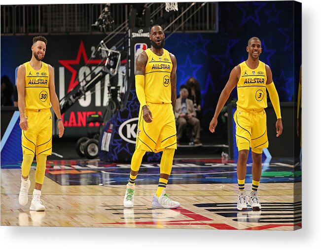 Stephen Curry Acrylic Print featuring the photograph Stephen Curry, Chris Paul, and Lebron James #1 by Joe Murphy