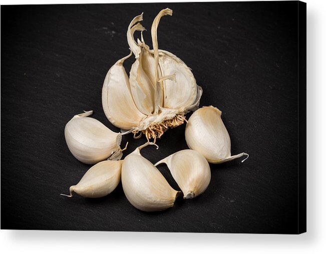 Black Color Acrylic Print featuring the photograph Still Life Photo Of Organic Whole Garlic On Black Stone Plate #1 by R.Tsubin