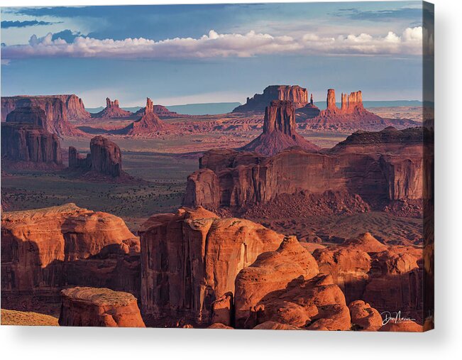 Southwest Desert Arizona Monument Valley Dineh Sunrise Stagecoach Red Rock Colorado Plateau Acrylic Print featuring the photograph Sunrise from Hunt's Mesa #1 by Dan Norris