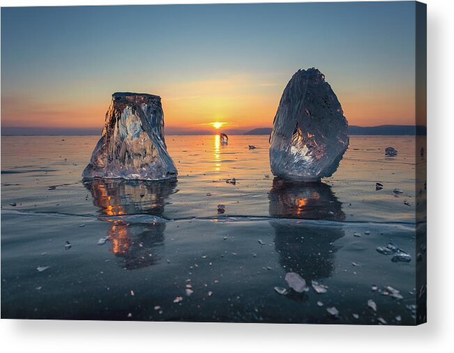 Ice Acrylic Print featuring the photograph Sunset on frozen Lake Baikal #1 by Mikhail Kokhanchikov