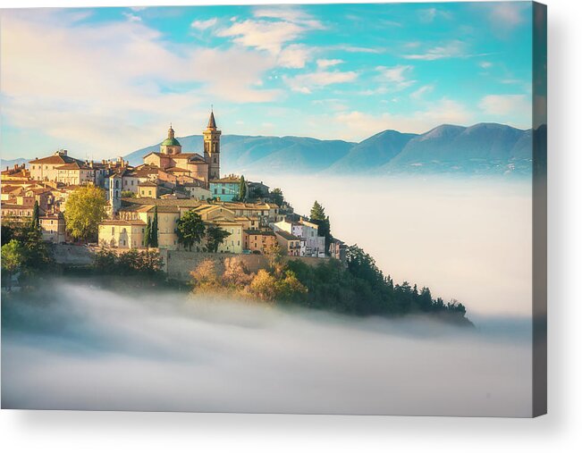 Trevi Acrylic Print featuring the photograph Trevi picturesque village in a foggy morning. Perugia, Umbria, I by Stefano Orazzini