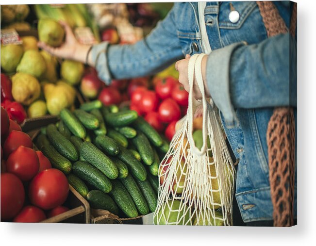 Reusable Bag Acrylic Print featuring the photograph Vegetables and fruit in reusable bag on a farmers market, zero waste concept by ArtMarie