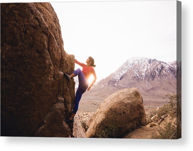 People Acrylic Print featuring the photograph Woman rock climbing, Buttermilk Boulders, Bishop, California, USA #1 by Peter Amend