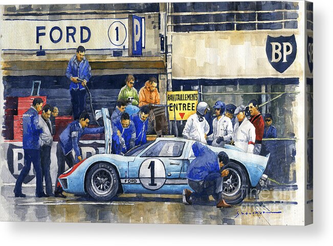 Shevchukart Acrylic Print featuring the painting 1966 Le Mans 24 Pit Stop Ford GT40 MkII Ken Miles Denny Hulme by Yuriy Shevchuk