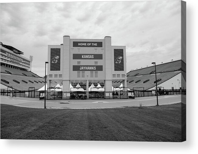 Kansas Jayhawks Stadium Acrylic Print featuring the photograph Kansas Jayhawks football stadium in black and white by Eldon McGraw