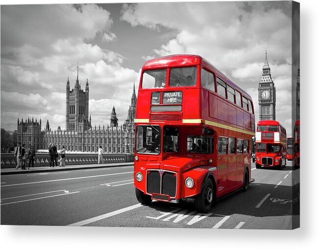 British Acrylic Print featuring the photograph London - Houses of Parliament and Red Buses #1 by Melanie Viola