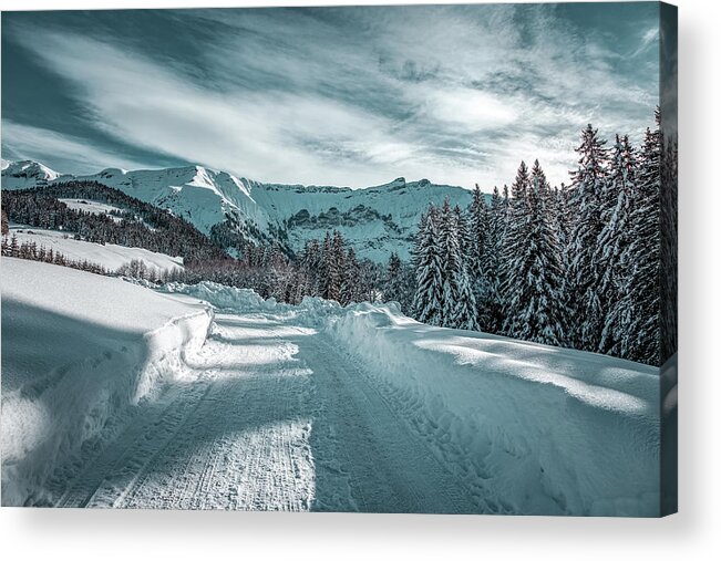 Geneva Acrylic Print featuring the photograph Snowy road in the French Alps #2 by Benoit Bruchez