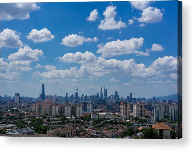 Scenics Acrylic Print featuring the photograph A clear and windy day in Kuala Lumpur, capital of Malaysia. Its modern skyline is dominated by the 451m tall KLCC, a pair of glass and steel clad skyscrapers. #3 by Shaifulzamri