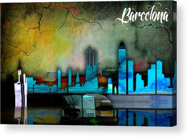 Barcelona Art Acrylic Print featuring the mixed media Barcelona Spain Skyline Watercolor #3 by Marvin Blaine