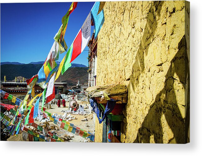 Outdoor Acrylic Print featuring the photograph Colorful Tibetan prayer flags spreading good fortune #3 by Adelaide Lin