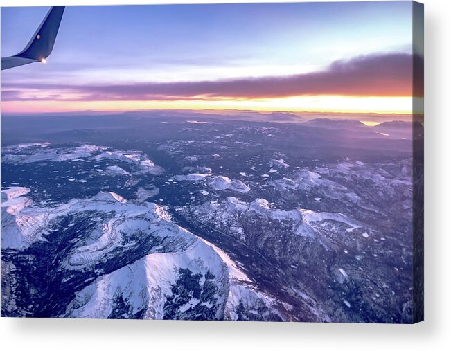 Flying Acrylic Print featuring the photograph Flying Over Rockies In Airplane From Salt Lake City At Sunset #4 by Alex Grichenko