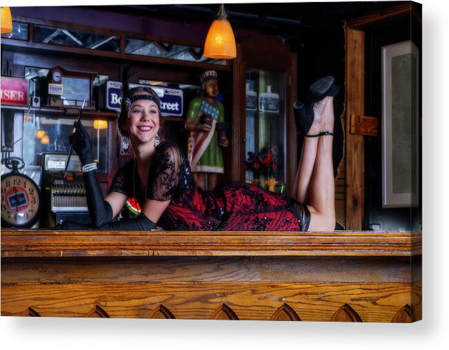 Roaring 20's Acrylic Print featuring the photograph One woman in roaring 20 outfits on the bar #4 by Dan Friend