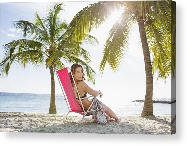 White People Acrylic Print featuring the photograph Woman relaxing on beach lounger #4 by Felix Wirth