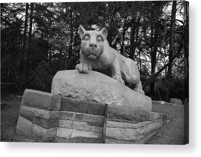 State College Pennsylvania Acrylic Print featuring the photograph Nittany Lion Shrine at Penn State University in black and white #5 by Eldon McGraw