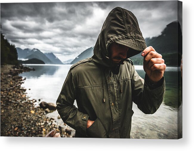 People Acrylic Print featuring the photograph Solitude man pensive on the lake side #5 by Franckreporter