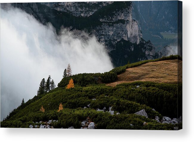 Italian Alps Acrylic Print featuring the photograph Mountain landscape with fog in autumn. Tre Cime dolomiti Italy. #8 by Michalakis Ppalis