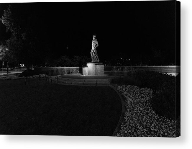 Spartan Staue Night Acrylic Print featuring the photograph Spartan statue at night on the campus of Michigan State University in East Lansing Michigan #7 by Eldon McGraw