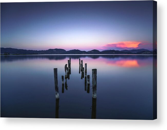 Lake Acrylic Print featuring the photograph Pier Remains Twilight by Stefano Orazzini