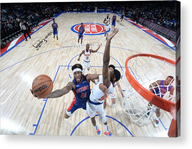 Saddiq Bey Acrylic Print featuring the photograph New York Knicks v Detroit Pistons #8 by Chris Schwegler