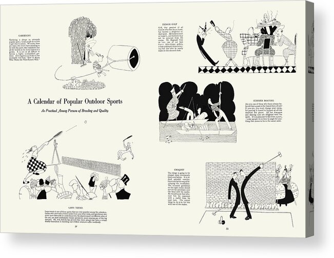 Anne Fish Acrylic Print featuring the drawing A Calendar of Popular Outdoor Sports. Tennis, golf, boating, croquet. By Fish by Ikonographia - Anne Fish